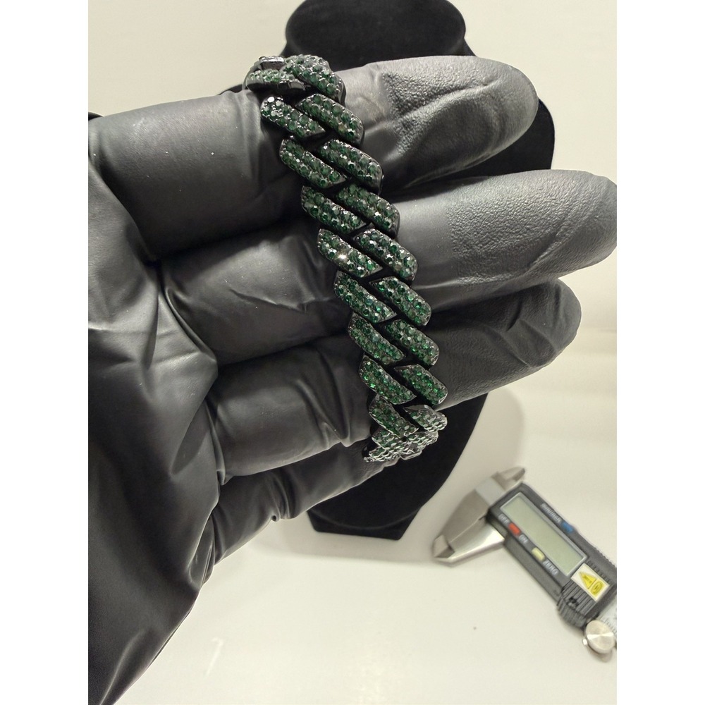 iced out green on blk cuban bracelet vvscz stones 8 inch 14mm push lock stainles
